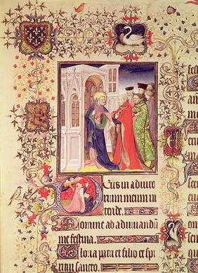 Ms Lat 919 fol.96 Jean de France, Duc de Berry being led by St. Peter into the Gates of Heaven with