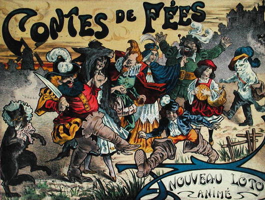 Fairy tale characters painted on the box lid of a game of lotto from French School, (19th century)