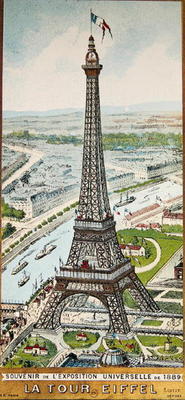 Postcard depicting the Eiffel Tower at the Exposition Universelle, 1889 (colour litho) from French School, (19th century)