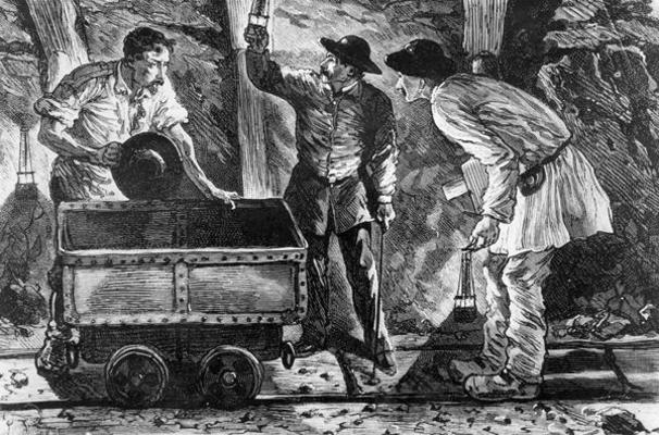 Scene in a coal mine, illustration from 'Germinal' by Emile Zola (1840-1902), 1886 (engraving) (b/w from French School, (19th century)