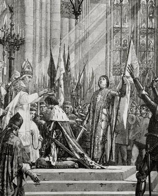 St. Joan of Arc (1412-31) at the Coronation of Charles VII (reg.1422-61) in 1429 (engraving) from French School, (19th century)
