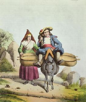 Cheese sellers from the Tarbes region, c.1840 (colour engraving)