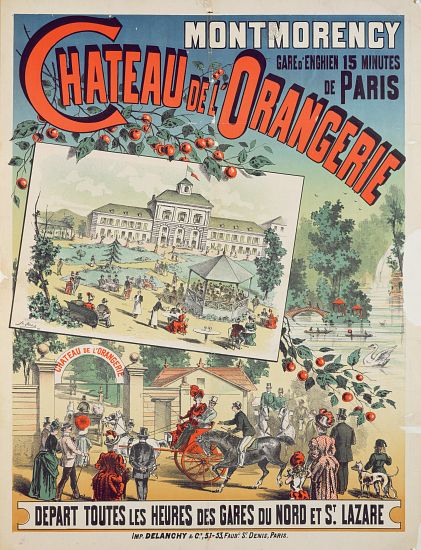 Travel poster advertising trips by train from Paris to the 'Chateau de l'Orangerie' at Montmorency from French School, (19th century)