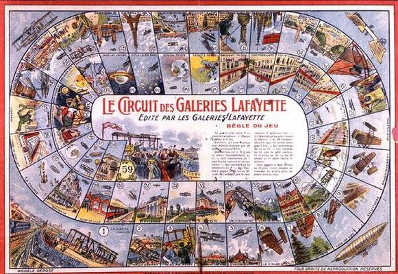 'Le Circuit des Galeries Lafayette': Game of Snakes and Ladders before 1914 (colour engraving) from French School, (20th century)
