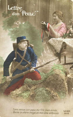 Postcard depicting a letter from a Poilu, 1914-18 (coloured photo) from French School, (20th century)