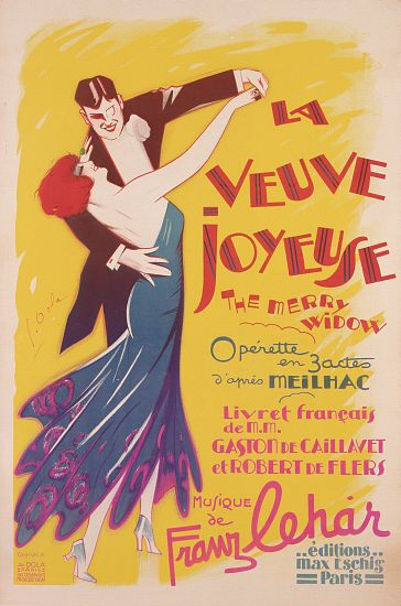 Poster advertising a production of the 'Merry Widow', by Franz Lehar , printed by Dola, Paris from French School, (20th century)
