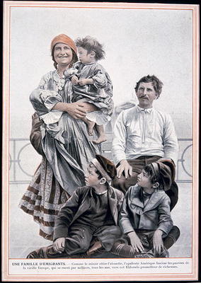 Poster of a European immigrant family on Ellis Island, 1910 (colour litho) from French School, (20th century)