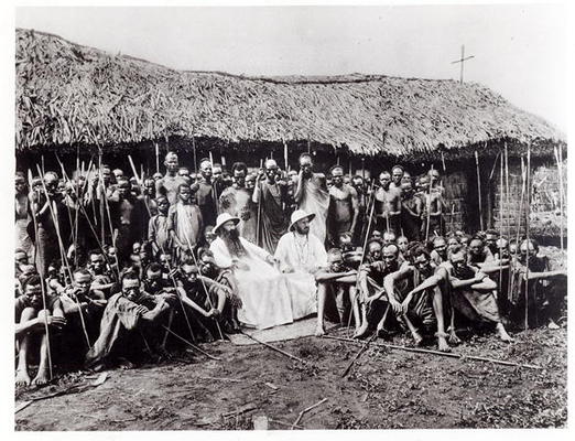White Fathers before a chapel in adobe at Mugera (Urundi), before 1914 (b/w photo) from French School, (20th century)