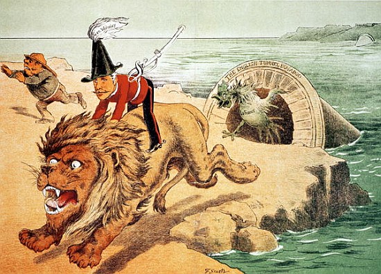 The Lion cannot face the corwing of the Cock'', The American view of the Channel Tunnel Scare, illus from Friedrich Graetz