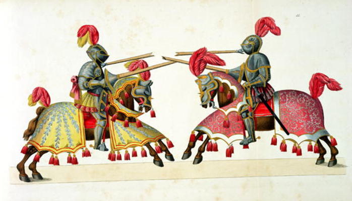 Two knights at a tournament, plate from 'A History of the Development and Customs of Chivalry', by D from Friedrich Martin von Reibisch