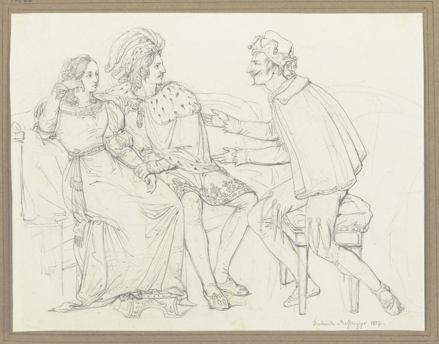 Ein Paar auf einem Sofa unterhält sich mit einem Narren from Friedrich Moosbrugger
