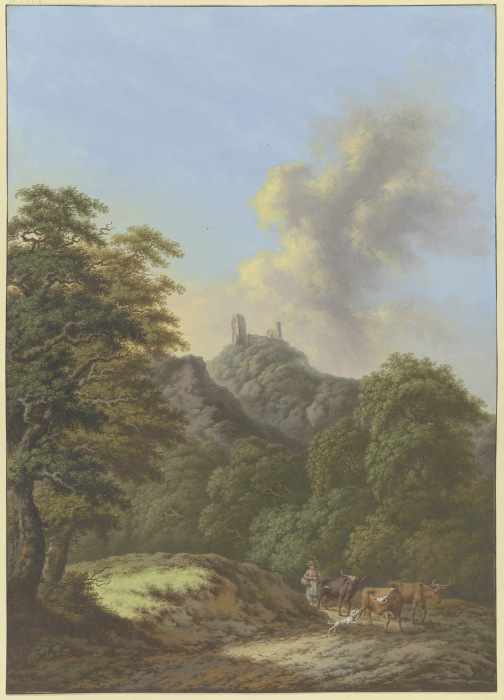 Waldtal mit Blick auf eine Burgruine, im Vordergrund eine Hirtin mit drei Rindern und einem Hund from Friedrich Rauscher