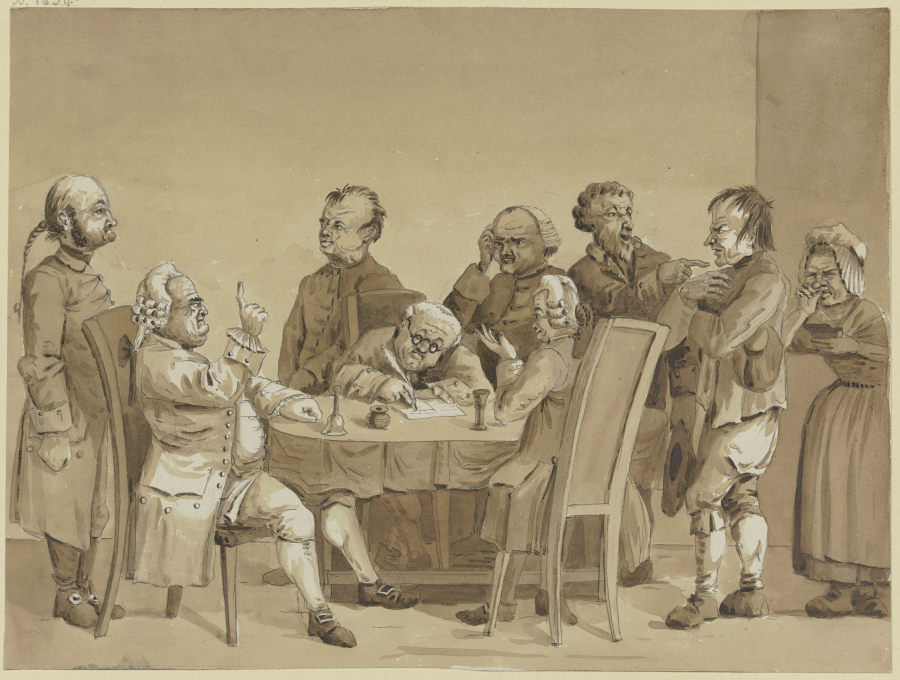 Gerichtsszene: Zwei Richter und ein Schreiber an einem Tisch, umgeben von sechs stehenden Personen,  from Friedrich Rottmann