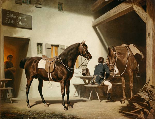 The horse Luitprant in front of the Schluxerwirt from Friedrich Wilhelm Pfeiffer