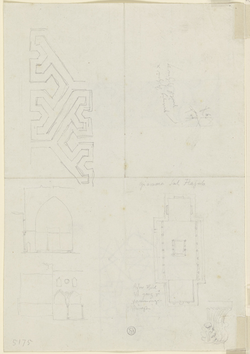 Geometrische Muster, ein Grundriss, Gebäudeaufrisse sowie ein Kapitell from Friedrich Maximilian Hessemer