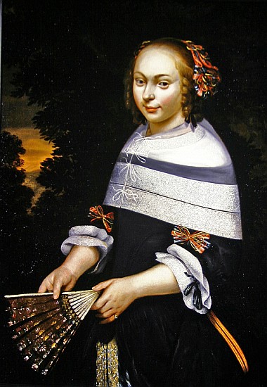 A portrait of a young girl holding a fan, a landscape beyond, c.1650 from Friesian School