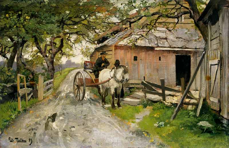 A small chat in front of the farmhouse. from Frits Thaulow
