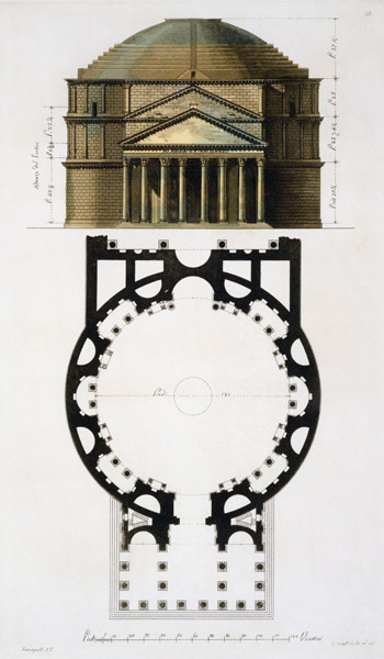 Ground plan and facade of the Pantheon, Rome, from 'Le Costume Ancien et Moderne' by Jules Ferrario, from Fumagalli