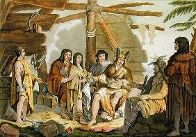 Indians trading with La Perouse in Canada (colour engraving)