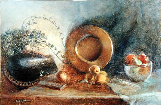 Brass Plate with Fruit and Black Wooden Bowl (oil on canvas)  from Gail  Schulman