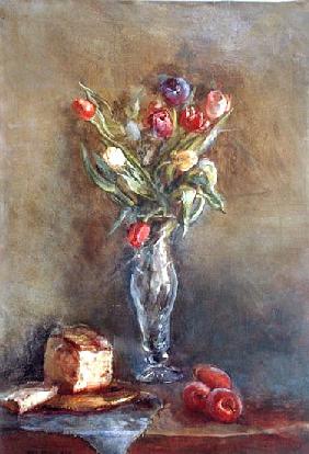 Tulips with Cake and Apples (oil on canvas) 