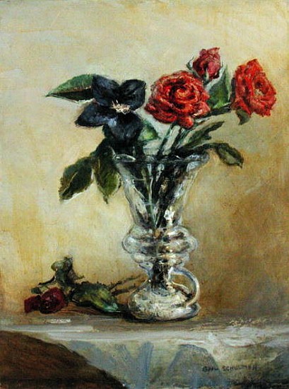 Two Roses in a Glass Vase with Opening Tulip (oil on canvas)  from Gail  Schulman