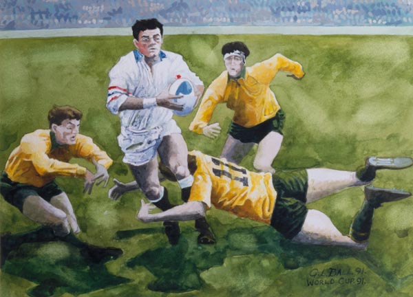 Rugby Match: England v Australia in the World Cup Final, 1991, Will Carling being tackled (w/c)  from Gareth Lloyd  Ball