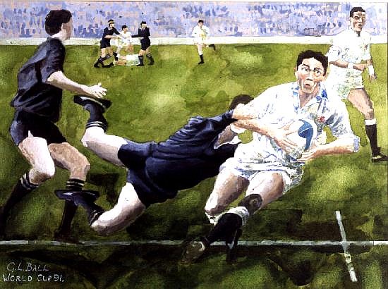 Rugby Match: England v New Zealand in the World Cup, 1991, Rory Underwood being tackled (w/c)  from Gareth Lloyd  Ball
