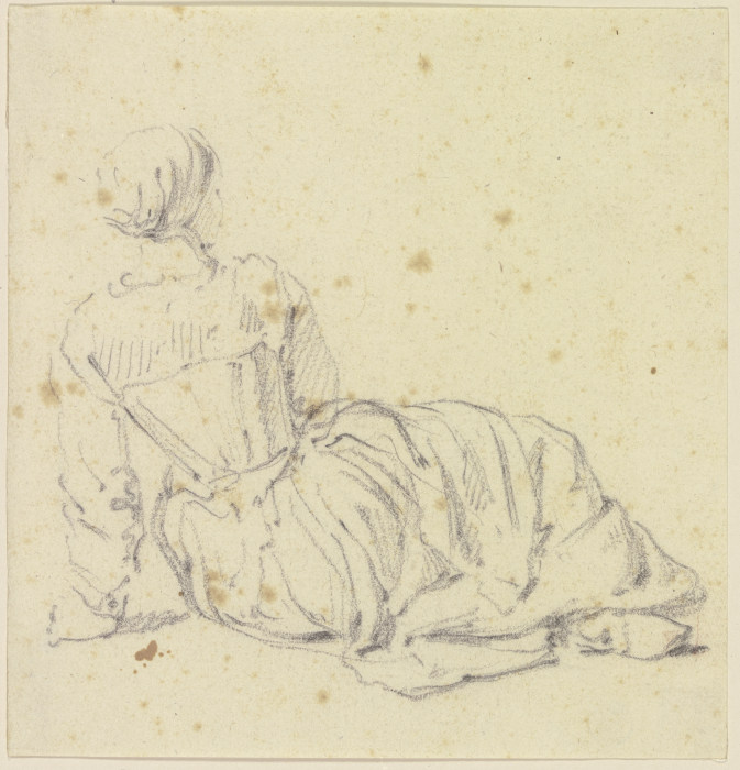 Auf dem Boden sitzende Frau, sich mit dem linken Arm aufstützend, vom Rücken gesehen from Georg Melchior Kraus