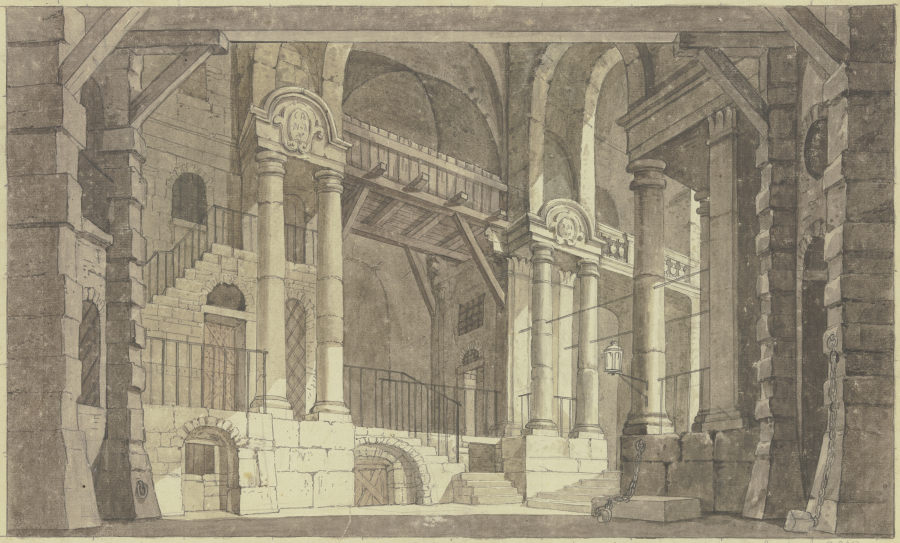 Blick in einen hohen Raum mit mächtigen Mauern und Säulen, an den Wänden Ketten für Gefangene from Georg Melchior Kraus