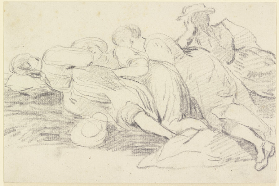 Drei sich ausruhende Mädchen und ein Mann, dicht nebeneinander auf dem Boden ausgestreckt from Georg Melchior Kraus