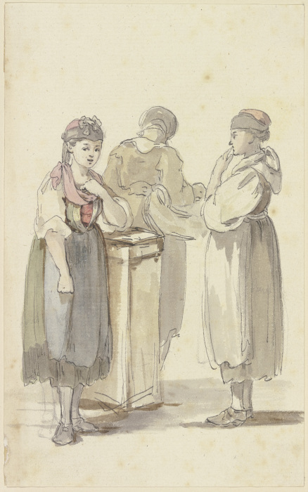 Drei stehende Bäuerinnen, die linke von vorne, die mittlere vom Rücken, die rechte im Profil nach li from Georg Melchior Kraus
