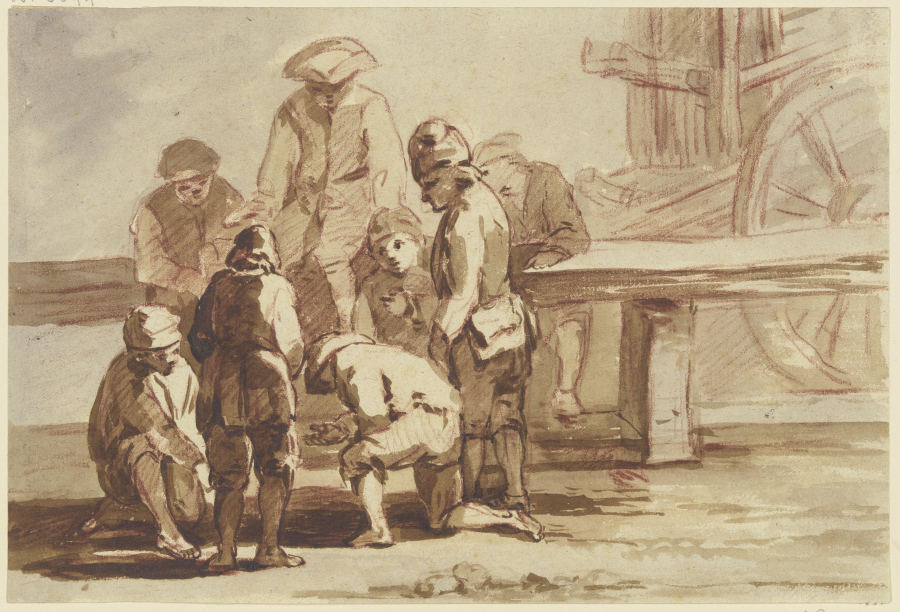 Gruppe von acht Knaben beim Spiel, stehend, kniend und auf einer Balustrade sitzend from Georg Melchior Kraus