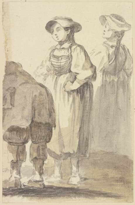 Zwei stehende Mädchen und ein - vom linken Bildrand überschnittener - sich bückender Mann, der vom R from Georg Melchior Kraus