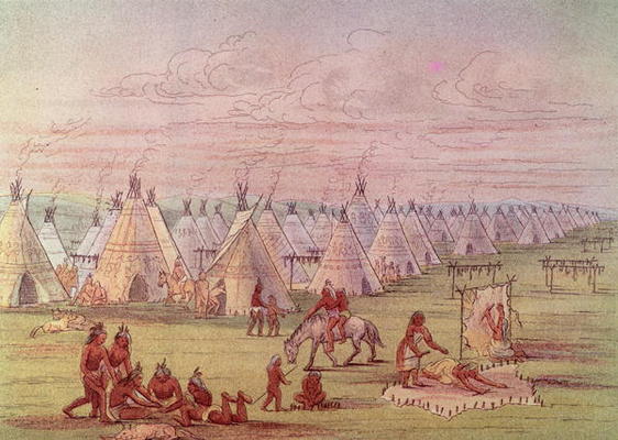 Comanchee Village (colour litho) from George Catlin