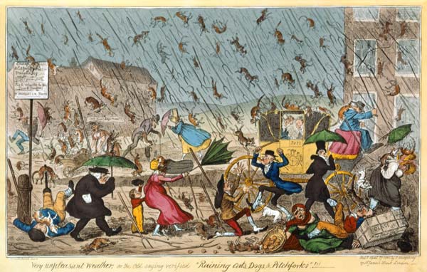 Very Unpleasant Weather, or the Old Saying verified Raining Cats, Dogs and Pitchforks! , pub. G. Hum from George Cruikshank