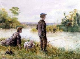 Children fishing by a stream