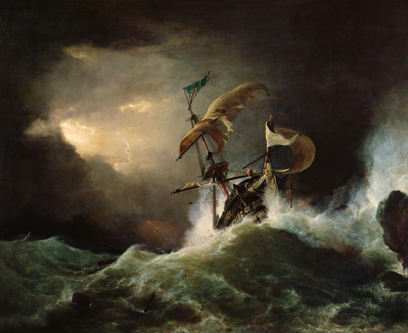 A First rate Man-of-War driven onto a reef of rocks, floundering in a gale from George Philip Reinagle