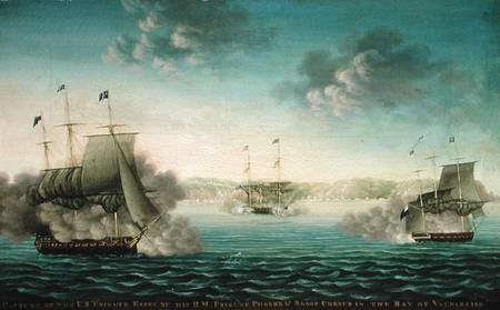 Capture of the US Frigate 'Essex' by B.M Frigate 'Phoebe' and sloop 'Cherub' in the bay of Valparais from George Ropes