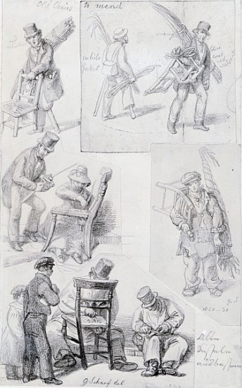 Chair menders on the streets of London, 1820-30 from George the Elder Scharf