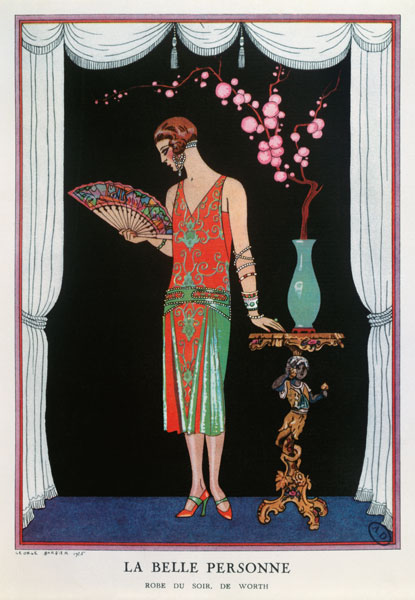 Worth evening dress, fashion plate from Gazette du Bon Ton, 1925 (litho) from Georges Barbier