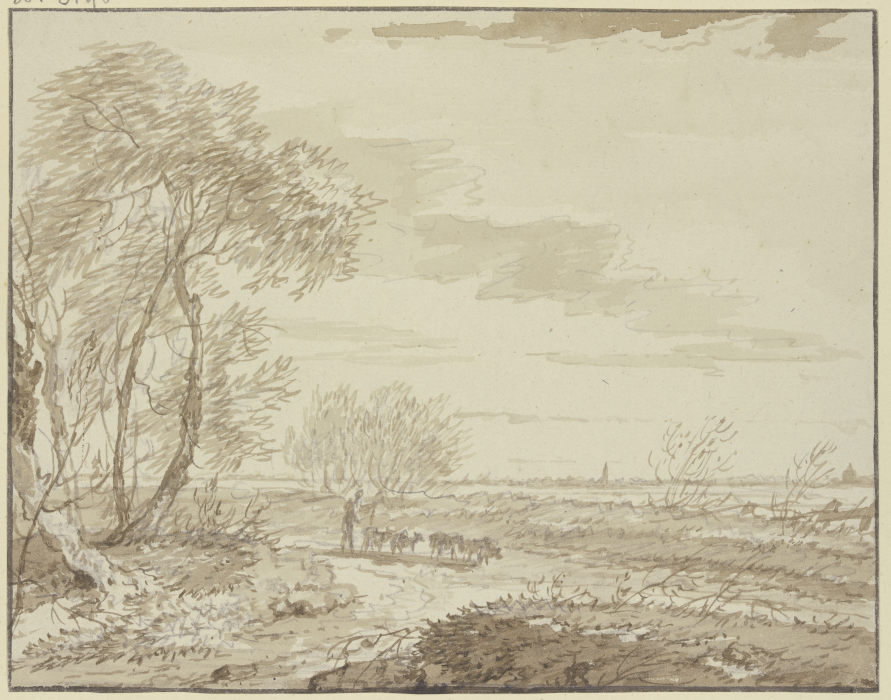 Landschaft mit Fernsicht, links Bäume, auf dem Weg eine Schafherde from Gerard van Nijmegen
