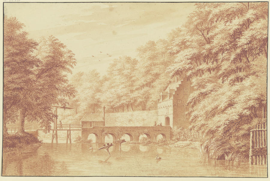 Über ein Wasser führt eine Steinbrücke von fünf Bögen nach einem Parktor, auf dem Wasser zwei Schwän from Gerard van Rossum