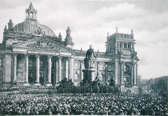 Philipp Scheidemann (1865-1939) gives an address from the Reichstag announcing the creation of a new from German Photographer, (20th century)