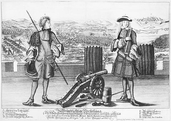 Charles V, Duke of Lorraine and Bar, with an engineer, at the battle of Neuhausel against the Turks  from German School