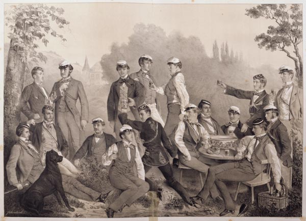 'Mensuren' or Student Members of the Duelling Society on a Outing (litho) from German School