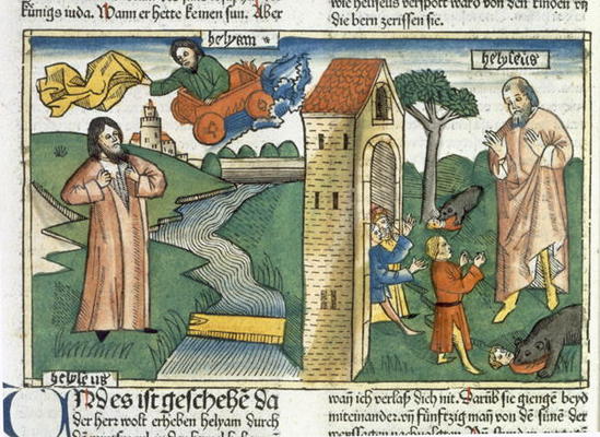 2 Kings 2 1-24 Elijah ascends to Heaven in a whirlwind and the boys who mocked Elisha are eaten by b from German School, (15th century)