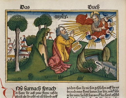 Exodus 34 1-10 Moses receives the second tablets with the Ten Commandments (coloured woodcut) from German School, (15th century)