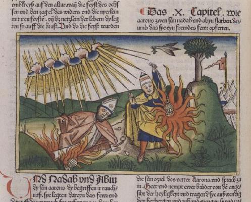 Leviticus 10 1-2 Nadab and Abihu offer unholy fire and die (coloured woodcut) from German School, (15th century)