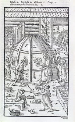 Glassworks, illustration showing the marble furnace and glass blowers (woodcut) from German School, (17th century)